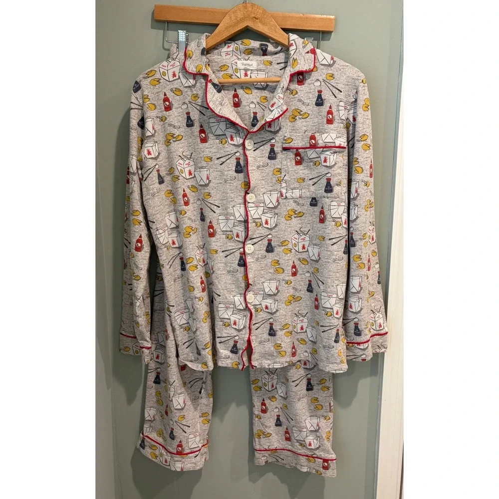 BedHead Pajamas Womens XS Gray Chinese Takeout Print Long Sleeve Pajama Set